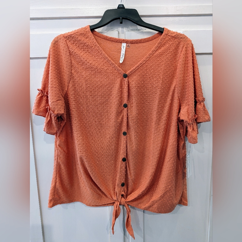 NY Collection Plus Coral Swiss Dot Ruffle Tie Front Blouse
